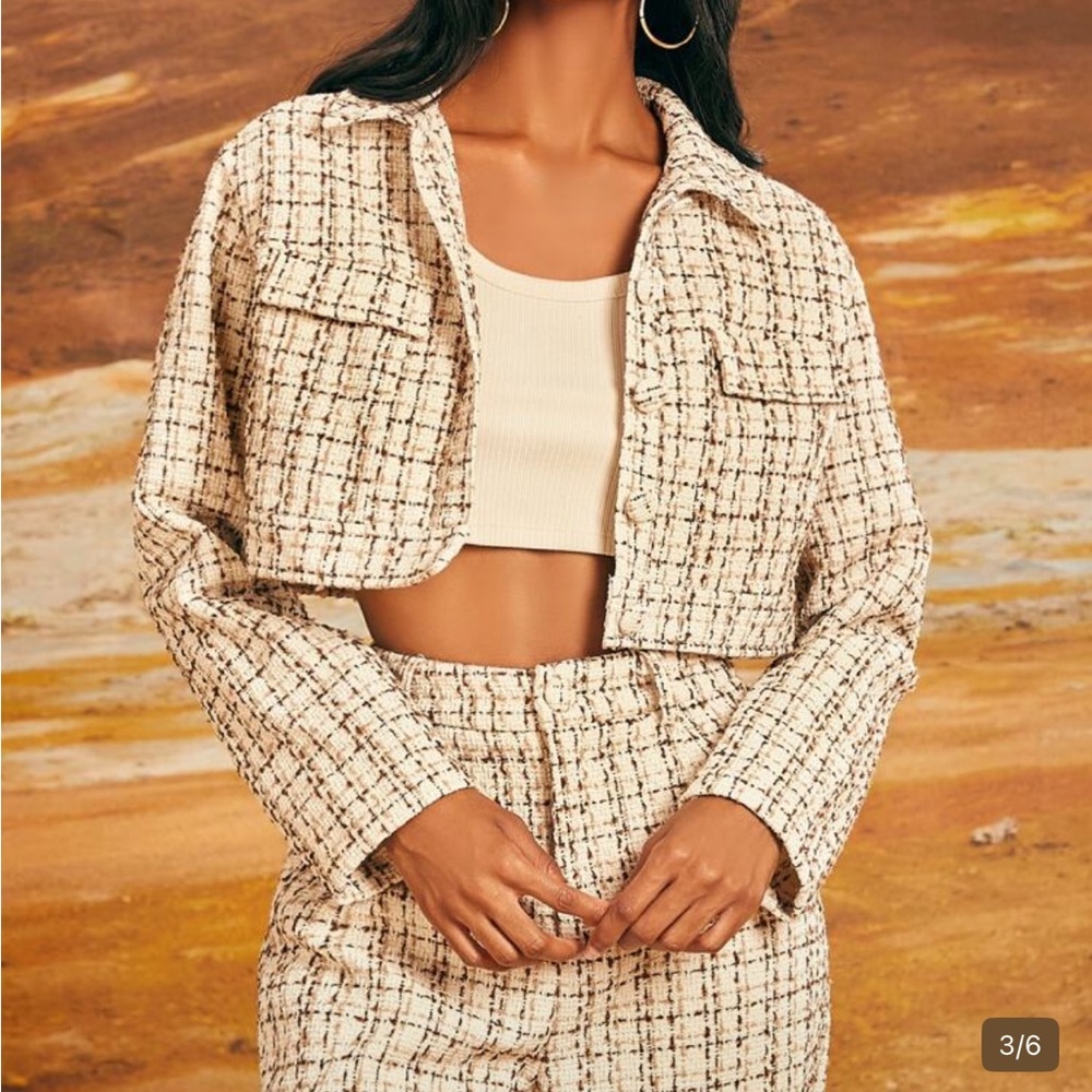 Penelope Ping Decorative Pocket Plaid
Tweed Jacket & High Waist Pants Set